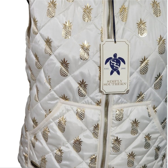 Simply Southern New White Gold Metallic Pineapple Quilted Puffer Vest Small NWT - Picture 7 of 7